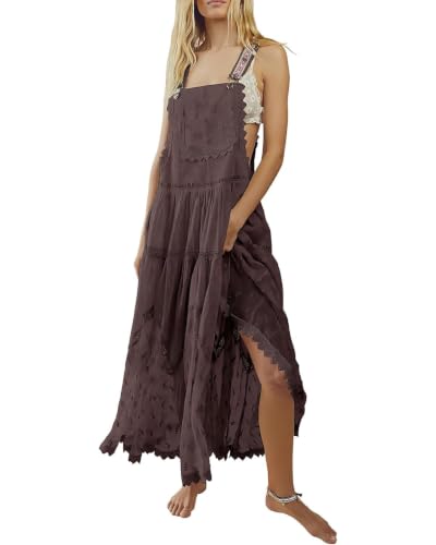 Image of ebossy Women's Laced Embroidered Tulle Bib Dress Casual Loose Adjustable Straps Maxi Dress