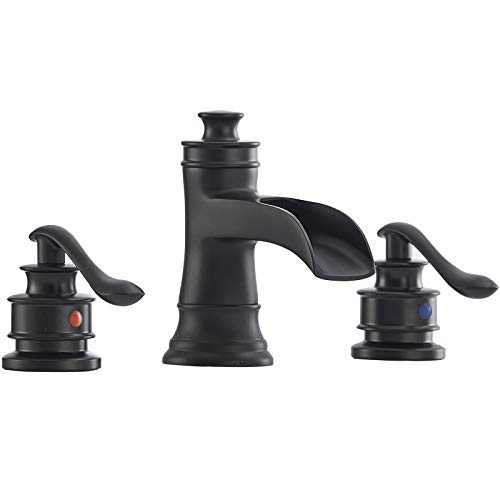 Review Product Two Handle High Arc Bathroom Faucet 3 Hole Widespread Black Bathroom Faucets Farmhouse 8-16 Inch Waterfall Commercial Vanity Deck Mount by Bathfinesse