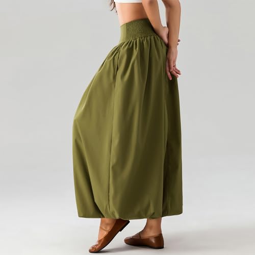 NUFIWI Women Y2k Bubble Maxi Skirt Low Elastic Waist A Line Long Skirt Summer Casual Ruffle Pleated Midi Dress, A Green Maxi, M - Image 4