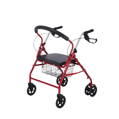 車輪付き歩行器 手押し移動補助車 高齢者用ショッピングカート 室内室外兼用 座れる 折りたたみ式デザイン 大容量収納 両親へのプレゼントに最適 (レッド,ショッピングバスケット)