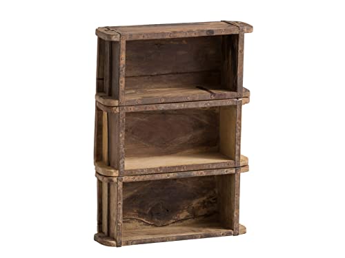 Woodkings® Wandregal Ziegelform 3er Altholz Wandderoration Aufbewahrungsbox Backsteinform rustikal mit Metallbeschlägen Holzbox Wandboard Shabby Geschenkidee Regal Gewürzregal