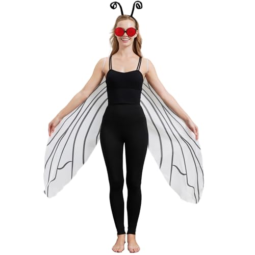 Fly Wings and Bug Eye Glasses Headband Set for Adults Insect Costume Accessories for Halloween Cosplay Parties