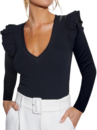 Ezbelle Women's Long Sleeve V Neck Ruffle Shirts Ribbed Knit Blouses Sxey Trendy Fall Tops 2026 Fashion