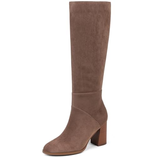 EQAUDES Fall Brown Knee High Boots Women Faux Suede Square Toe Winter Wide Calf Side Zipper Tall Long Boot Stretch Work Date Dress Shoes