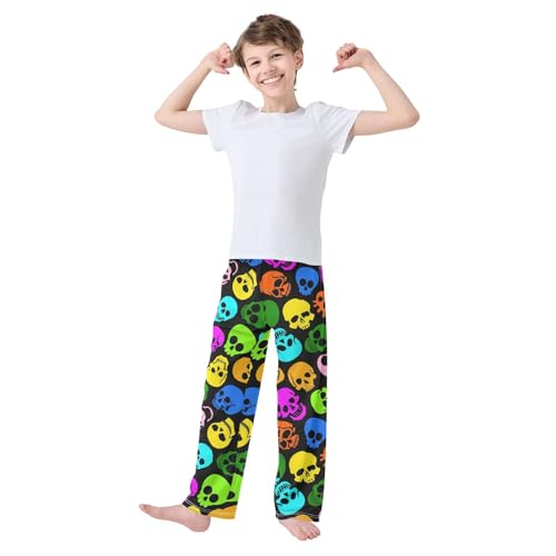 ZZXXB Colorful Skulls Boys Long Pants Soft Trousers Elastic Waist Kids Lounge Bottoms with Pockets S-XL2