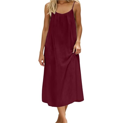 Vestido sin espalda para mujer, con tirantes delgados, bolsillos, ligero, suave, para playa, vacaciones, salidas casuales de verano, Vino, M