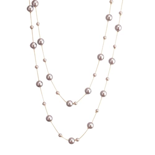 Imitation Pearl Layered Strand Necklaces for Women Dainty Fashion Long Imitation Pearls Beads Multiple Strands Chain Choker Elegant Statement Charm Winter Sweater Vintage Wedding Party Costume Jewelry (Grey)