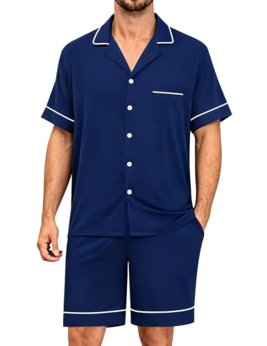 Image of SWOMOG Mens Pajama Sets Short Sleeve Sleepwear Button Down Loungewear Soft Modal Lounge Pjs with Pockets S-XXL