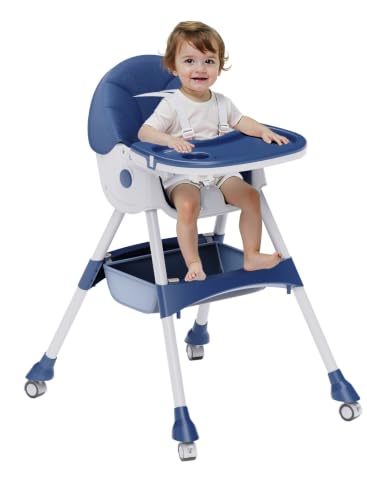 High Chairs for Babies and Toddlers, 4 in 1 Convertible Baby High Chair, Portable High Chair for Travel with Adjustable Height and Back, Foldable HighChair with Wheels& Pu Cushion