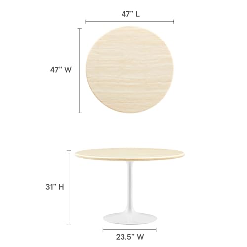 Image of Modway Lippa 48 inch Round Artificial Dining Table with Tapered, Metal Base, White Travertine
