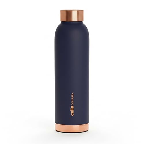 Image of CELLO Evita Copper Water Bottle For Daily & Office Use 1000 ml, Blue | Leakproof & Rustproof ISI Certified Single Wall 100% Pure Copper Promotes Immunity, Improve Digestion & Supports Healthy Living