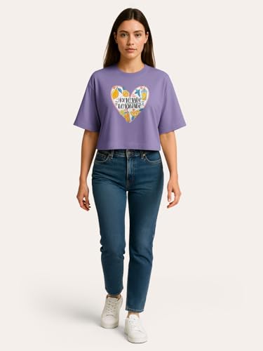 Image of HELLCAT Beige Printed Loose Fit Crew-Neck Crop T-Shirt for Women