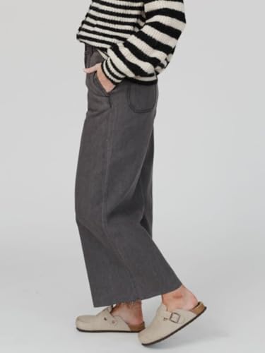 Womens Wide Leg Jeans Relaxed Frayed Bell Hems Boho Denim Pants Elastic High Waist Washed Trousers with Pockets2