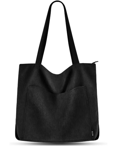 Prite Corduroy Tote Bag for Women Large Shoulder Bag with Zipper and Pockets for College School Work Travel Shopping-Black