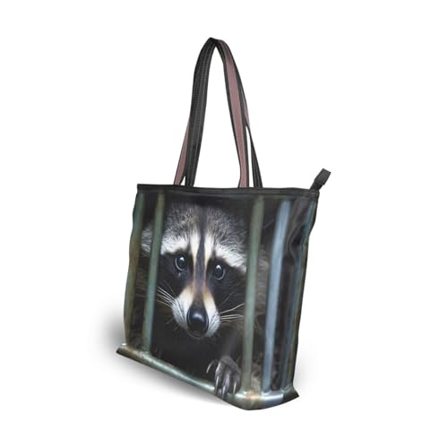Women Tote Bag Purse Raccoon in Cell Print with Zipper, Patterned Handbag Reusable Grocery Bag Large Size 5