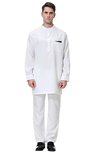 GladThink Herren Muslim Arabisch Mittlerer Osten Rundhalsausschnitt mit Langen Ärmeln Islamisch Anzug Weiß XL Cover
