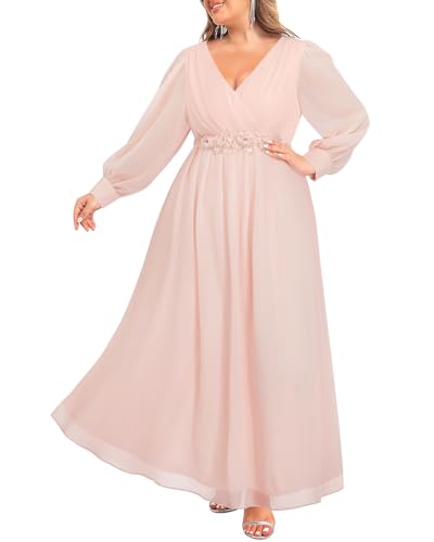 Image of Pinup Fashion Women Plus Size Formal Dresses - Long Sleeve Evening Gown Applique Chiffon Maxi Dress