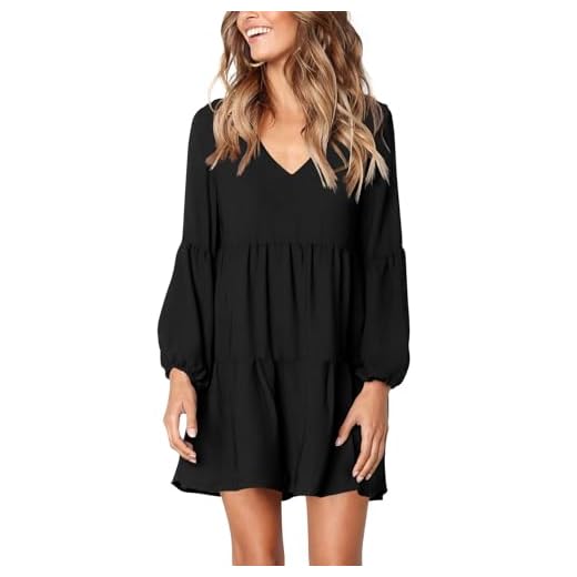 Amoretu Women's Cute V-Neck Lantern Sleeve Loose Tunic Dress Knee Length Black M