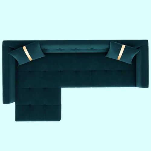 Image of Furny Styling 4 Seater Fabric LHS L Shape Sofa Set (Greenish Teal) | Soft Velvet Fabric | Modern Design | Comfortable Seating | Living Room Furniture