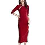 Deluxe Women's Long Cheongsam Dress Corduroy Half Sleeve Side Slit Bodycon Slim Fit Mid Calf Chinese Qipao (55# Red, M)