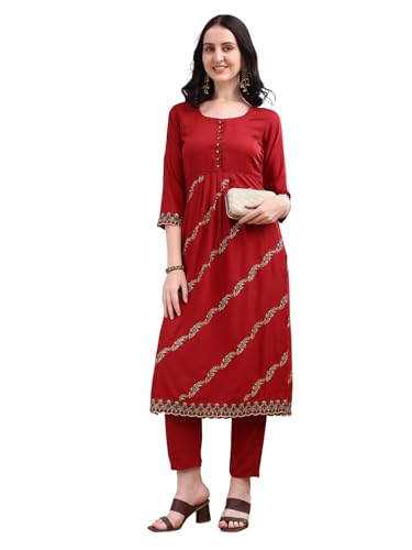 Ensemble kurta pour femme avec pantalon droit vêtement ethnique rouge