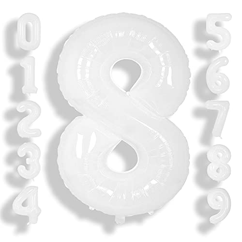 Image of SUWEN 40 Inch White Large 8 Balloon Number Big Foil Helium Numbers 0-9 | Giant Jumbo Happy 8th Birthday Party Decorations for Men or Women Huge Mylar Anniversary Party Supplies