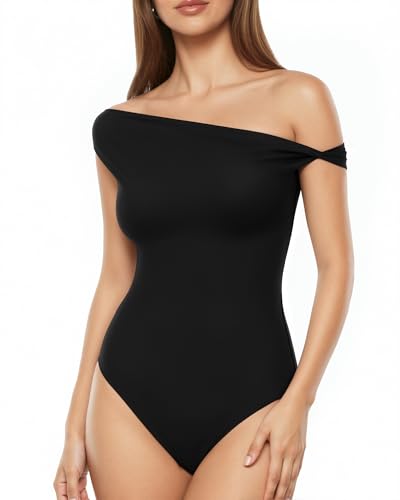 MANGOPOP Womens Off The Shoulder Double Lined Bodysuit Versatile Thong Body Suit Going Out Summer Trendy Tops Black Large