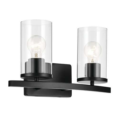 Image of Kichler Crosby 15.25 inch 2-Light Bathroom Vanity Light Fixture with Clear Glass in Black for Powder Room, Modern Wall Mount Over Mirror (15.25 inch x 8.75 inch), 45496BKCLR