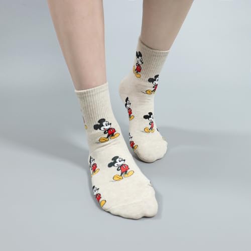 Mickey Mouse Crew Socks Collection, Multi Pairs, Athletic Striped Design, White Black Pink Beige2