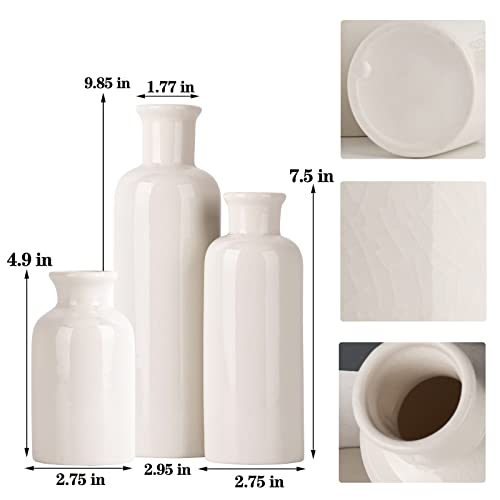 Image of White Ceramic Vase Set - 3 White Small Vases, Farmhouse Country Flower Vase Home Decor, Living Room Decoration, Table Decoration, Fireplace Decor, and Entrance Decorations Centerpieces