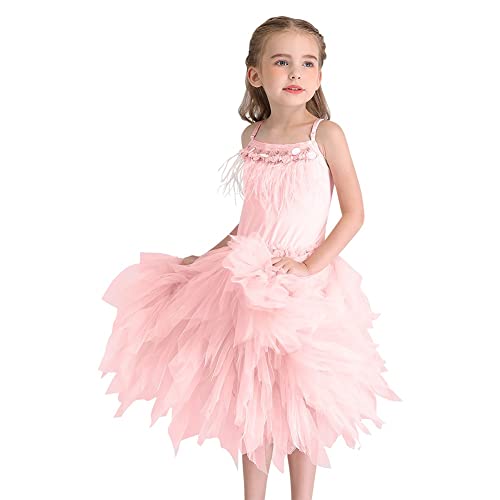 Kids Girls Spaghetti Straps Swan Feather Fringes Tulle Dress Birthday Party Ballerina Dance Short Tiered Tutu Gown3