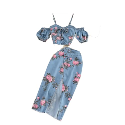 Women Print Short Sleeves Tops and High Waist Skirts Streetwear Denim 2 Piece Set