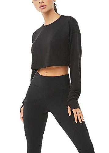 Bestisun Cropped Long Sleeve Top Athletic Crop Tops for Women Black M