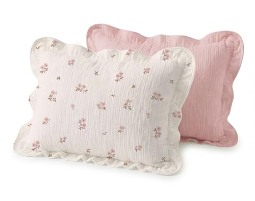 Image of Muslin Ruffled Toddler Pillowcases 13 inchx18 inch 2 Pack, Soft, Breathable Muslin Cotton Travel Pillow Covers with Envelope Closure for Baby Boys, Girls & Kids (Vintage Blossom-Ruffled, 13 x 18 Inch)