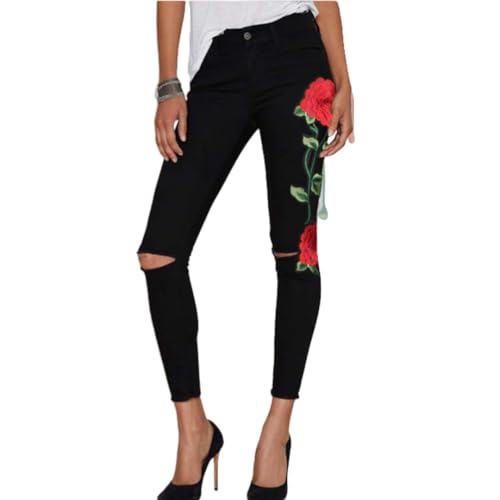 Women's High Rise Stretch Ripped Denim Jeans Floral Embroidery Skinny Fit Slim Pants
