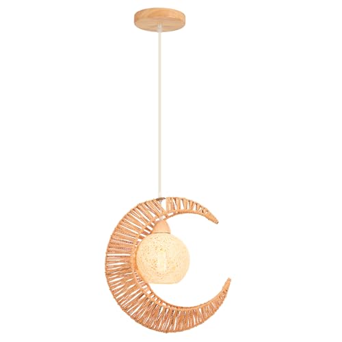 LIGKIN Lámpara Colgante Ratán Lámpara de Suspensión Vintage Boho Pantalla de Cuerda E27 Araña de Luna Lámpara de Techo para Dormitorio, Salón, Cocina, Café
