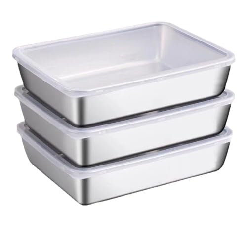 Boîtes de Conservation Alimentaire en Acier Inoxydable: 3 Pièces 25×20×5cm Boites Alimentaires en Inox, Boîte à Bento en Acier Inoxydable, avec Couvercles...