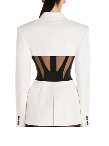 Women's Patchwork Transparent Mesh Blazer Notch Collar Long Sleeve Contrast Slim Fit Jacket3