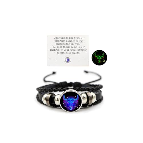 Aktully Zodiac Signs Spirit Bracelet for Women Men Adjustable 12 Constellation Bracelet Multilayer Black Leather Bracelets Zodiac Sign Wrap Bracelet for Women Men Birthday Jewelry (Taurus)