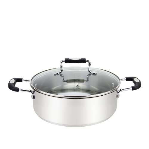 Millvado Edelstahl Kasserolle Topf,Metall Stahl Dutch Oven,Mittlerer Kochtopf für Suppe, Spaghetti, Schmoren,Urban Collection Low Round Verspiegelte Edelstahltöpfe,Schwarze Griffe Cover