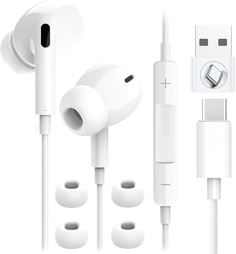 イヤホン 有線 タイプc 【2026新チップ搭載】Type-C 有線 イヤホン iPhone 17/16/Android対応 DAC内蔵＆10mmドライバー — 音楽/配信に迫る臨場感 通話マイク付き ノイズ低減｜3サイズ耳栓＆変換アダプター同梱 通勤/ゲーム/音楽鑑賞/スポーツ/ジム/在宅ワークに — 120cm長ケーブル ホワイト