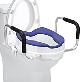 Raised Toilet Seat with Handles, 4'' Toilet Seat Riser for Seniors with TPR Padded and Aluminum Arms, Toilet Safety Riser for Most Toilet (Blue)