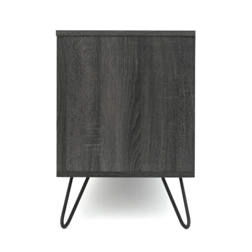 Image of Flux Engineered Wood TV Cabinet & Entertainment Unit | Modern TV Stand with 1 Flip-Down Door & Open Storage Shelves | Media Console for Living Room | Hairpin Legs | Grey & Charcoal Finish