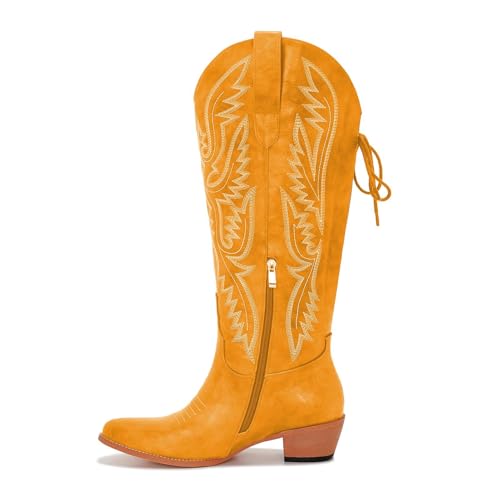 Image of Uillnoodu Wide Calf Cowboy Boots Women Adjustable Lace Up Knee High Tall Plus Size Cowgirl Boots Western Style Comfortable 2-Inch Heel