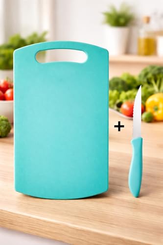 Image of Multipurpose Plastic Chopping Board with Free Knife | 6mm Thick Heavy Duty Cutting Board | BPA Free Non-Slip Kitchen Board for Vegetable, Fruit & Meat | Easy Grip Handle Kitchen Cutter Board