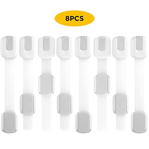 GAGAKU 8 Count Child Safety Locks Adjustable Strap Latches for Cupboard Door Fridge Push Fasten No Drilling or Tools - White