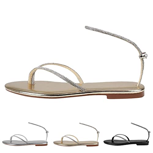 Women Slippers Summer New Pattern Rhinestone Shiny Fashion Flat Bottom Comfortable Non Slip Beach Womens (Gold, 9)3