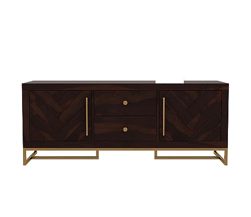 Image of Premium Solid Sheesham Wood TV Unit with 2 Drawers, 4 Shelves, and 2-Door Storage - Accommodates up to 55-Inch TV - Ideal for Living Room (Zane, Walnut Finish)