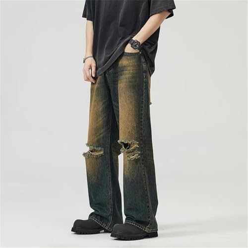 Men's Retro Washed Distressed Elastic Waist Ripped Jeans Straight Leg Loose Trousers3
