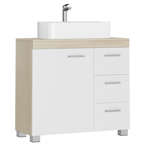 VASAGLE Mueble Bajo Lavabo, Armario de Baño, 3 Cajones, 2 Compartimentos Detrás de la Puerta, Apto para Lavabos con Pedestal, con Pies, 30 x 70 x 64 cm, Blanco Nube y Beige Natural BBK504K01